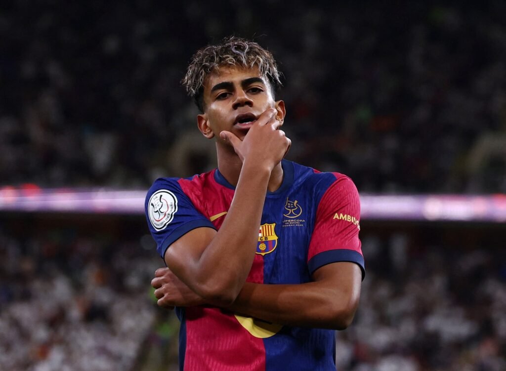 Lamine Yamal celebrates after scoring agisnts Real Madrid